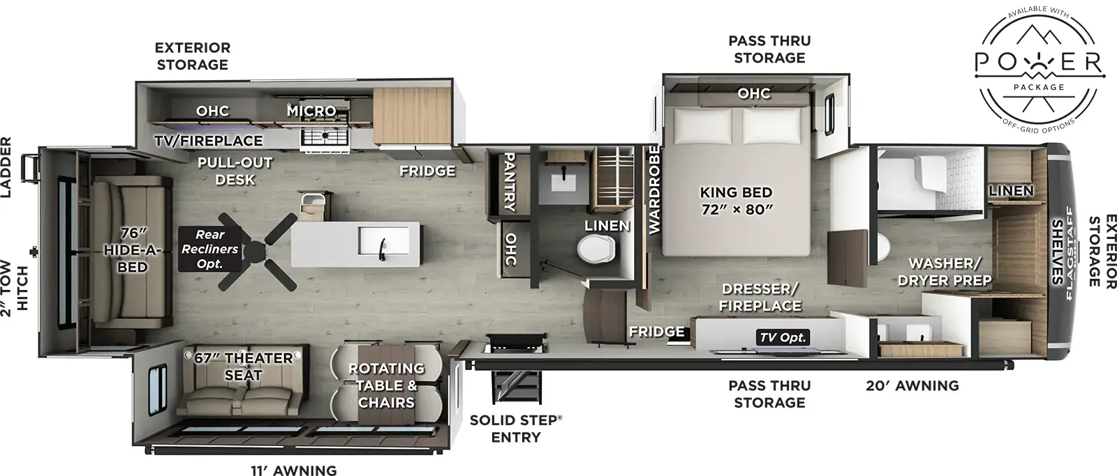 The Flagstaff Classic Fifth Wheels 401CFB floorplan has one entry and three slide outs. Exterior features include: fiberglass exterior and 11' & 20' awning. Interiors features include: kitchen island, rear living and bathroom and a half.